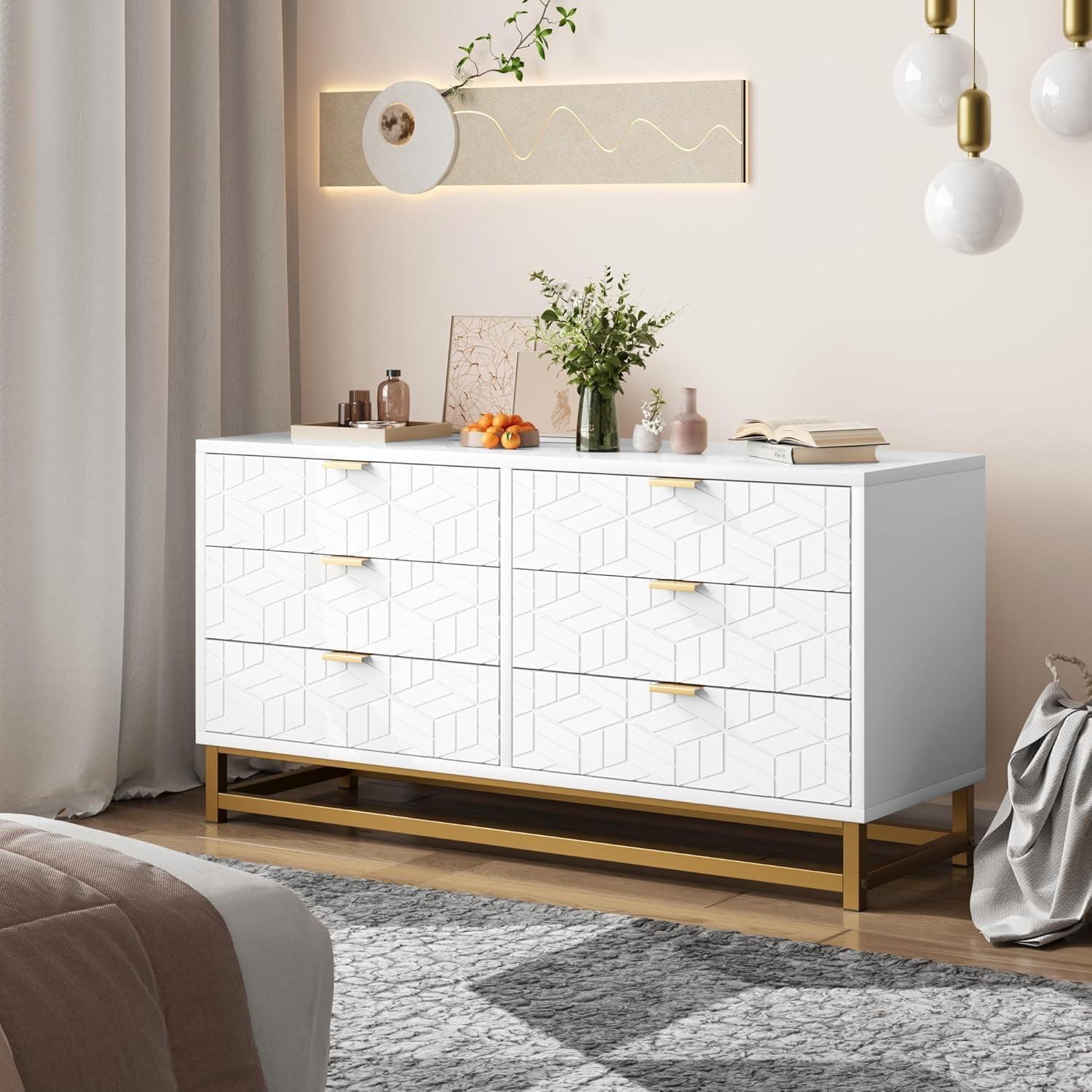 White 6-Drawer Dresser with Gold Metal Base and Engraved Patterns