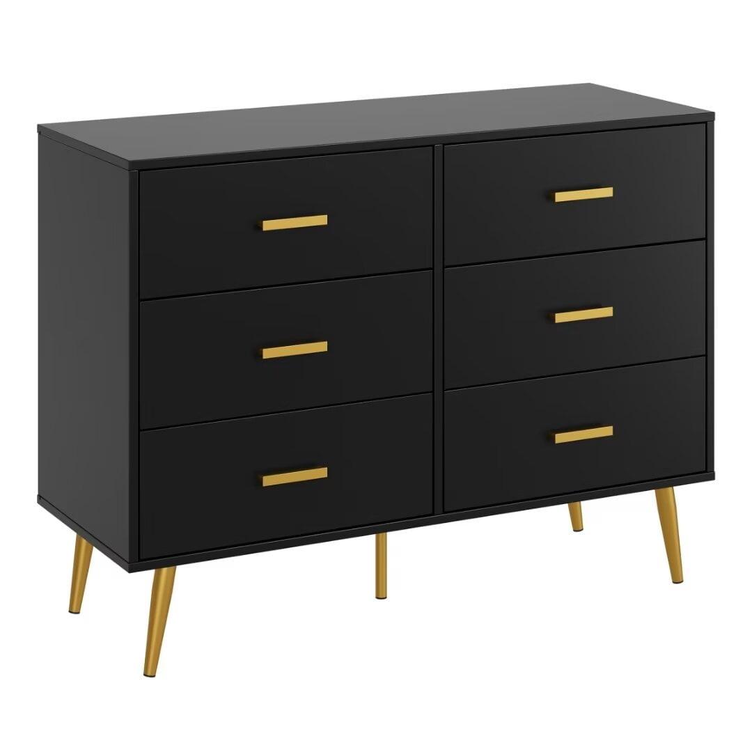 Black Wooden 6-Drawer Dresser with Gold Handles