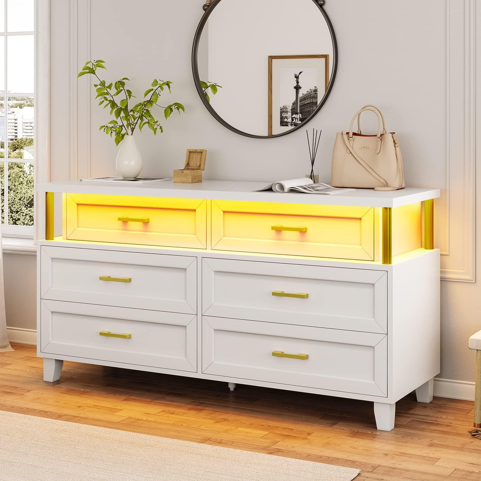 White 6-Drawer Dresser with LED Light and Metal Accents