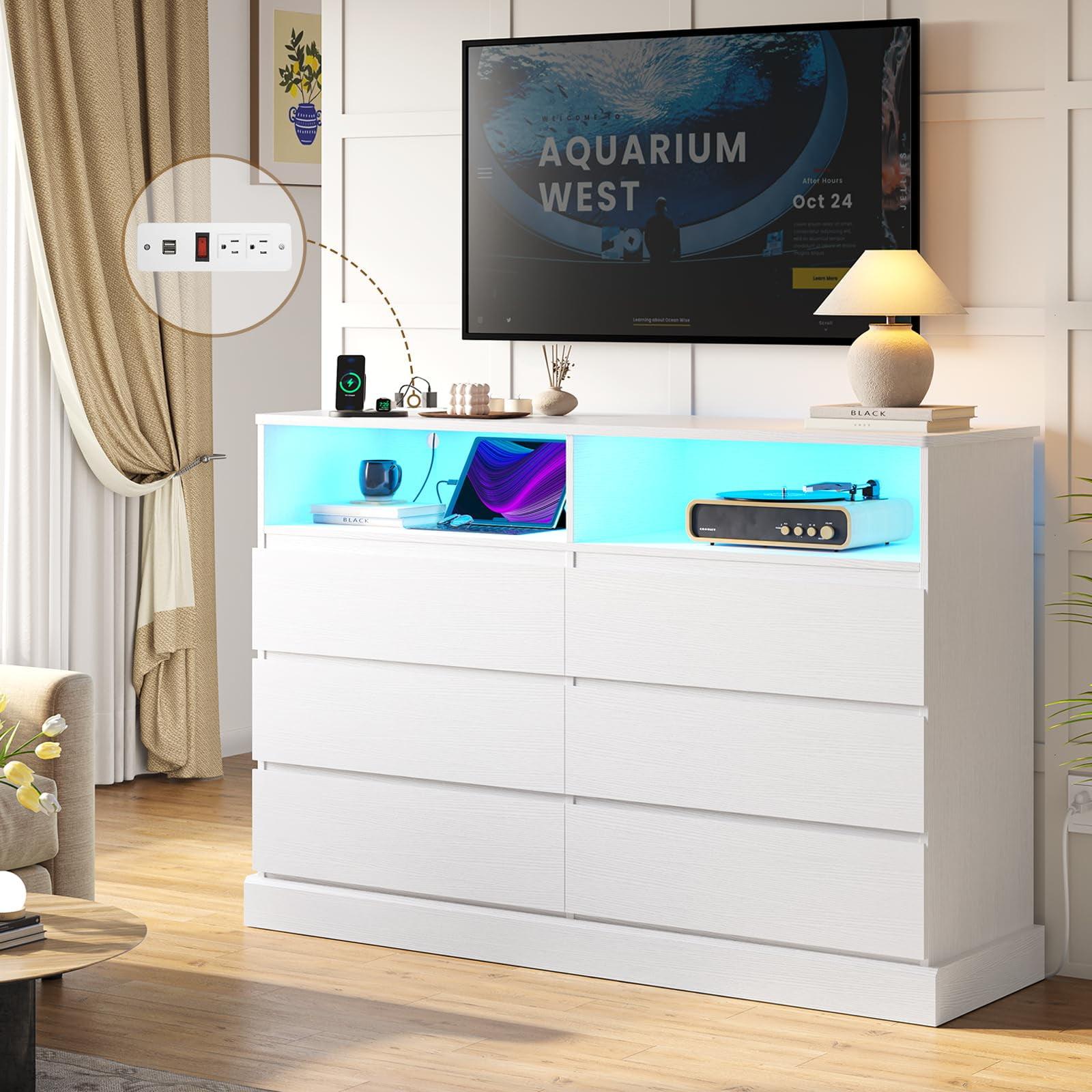 6 Drawers Dresser Storage Cabinets for Bedroom, Dresser Chest of Drawers with Charging Station&LED Lights for Living Room, White