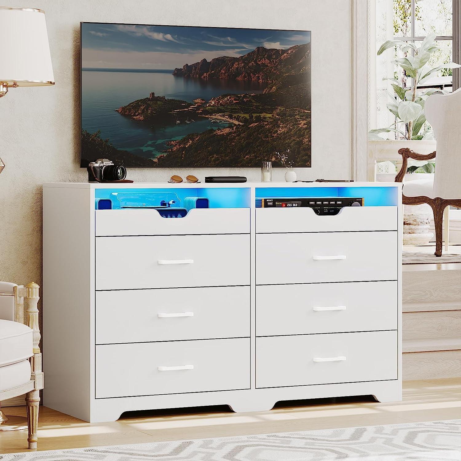 6 Drawers Dresser with LED Lights&Pull-Out Tray for Bedroom,Modern Double Dresser Chest of Drawers Storage Organizer for Living Room, White