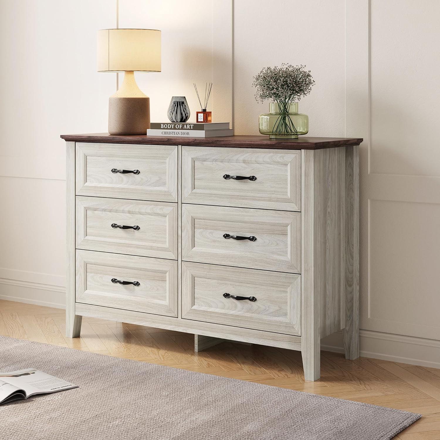 Washed Grey Farmhouse 6-Drawer Wood Dresser