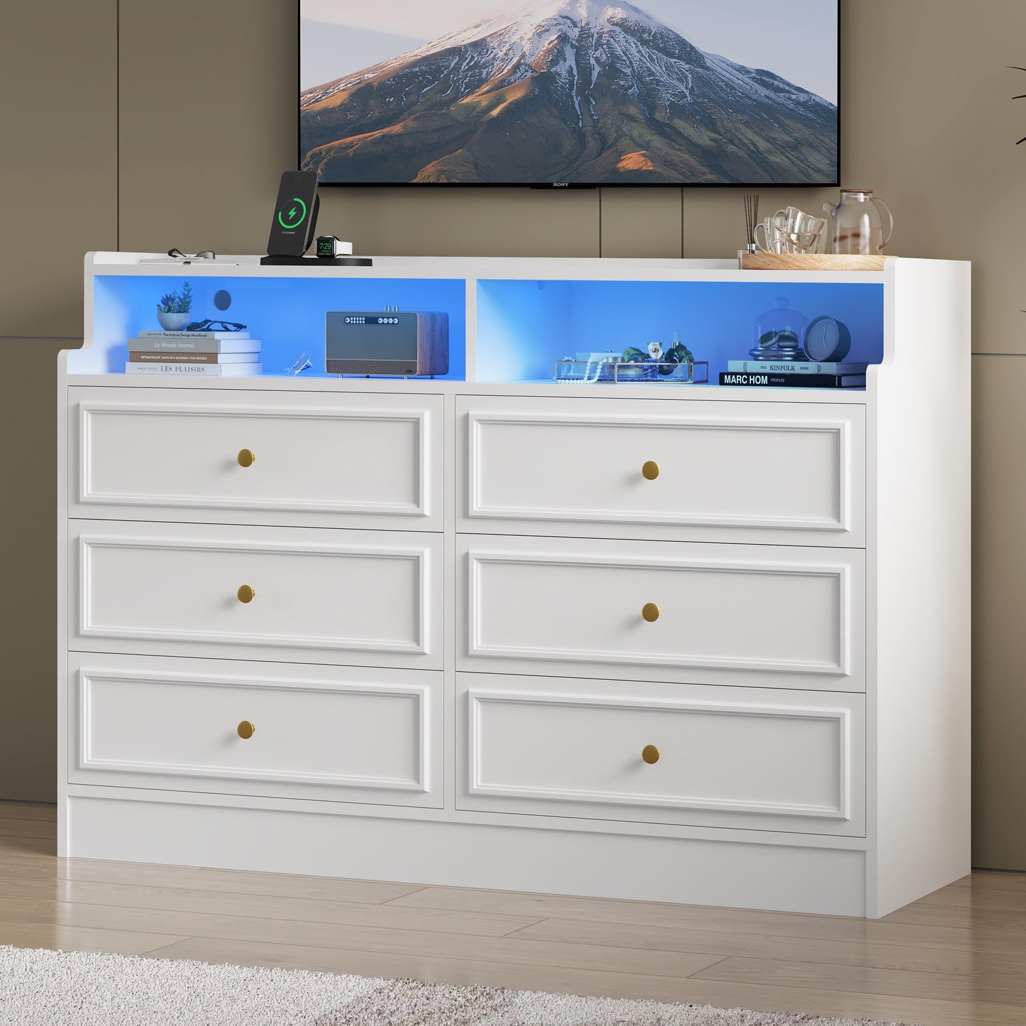 6 Drawers Dresser Storage Cabinets for Bedroom, Dresser Chest of Drawers with Charging Station&LED Lights for Living Room, White