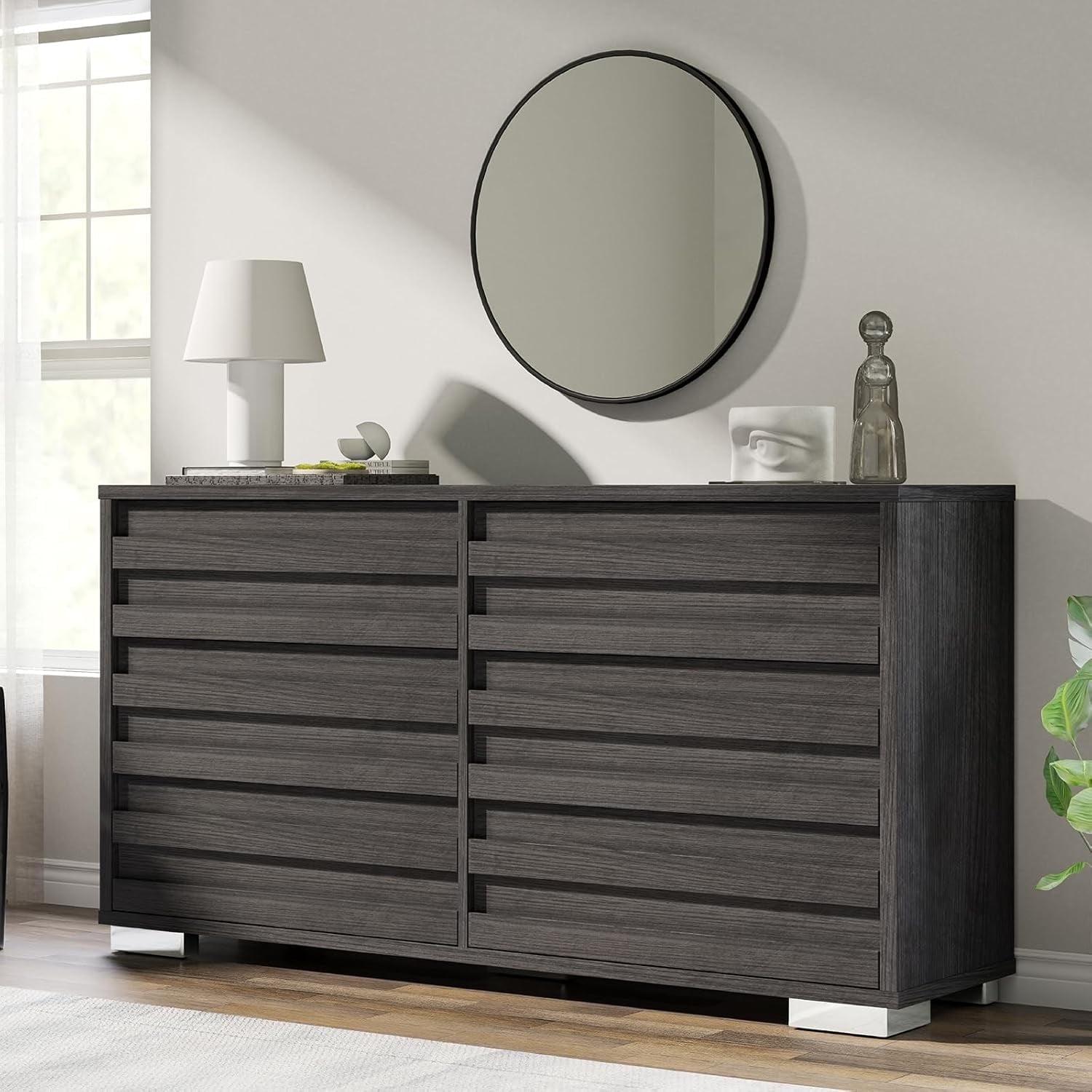 Louby 6 Drawers Dresser For Bedroom, 54" Wide Chest Of Drawers With Slat Handle, Modern Wooden Dresser For Bedroom, Living Room