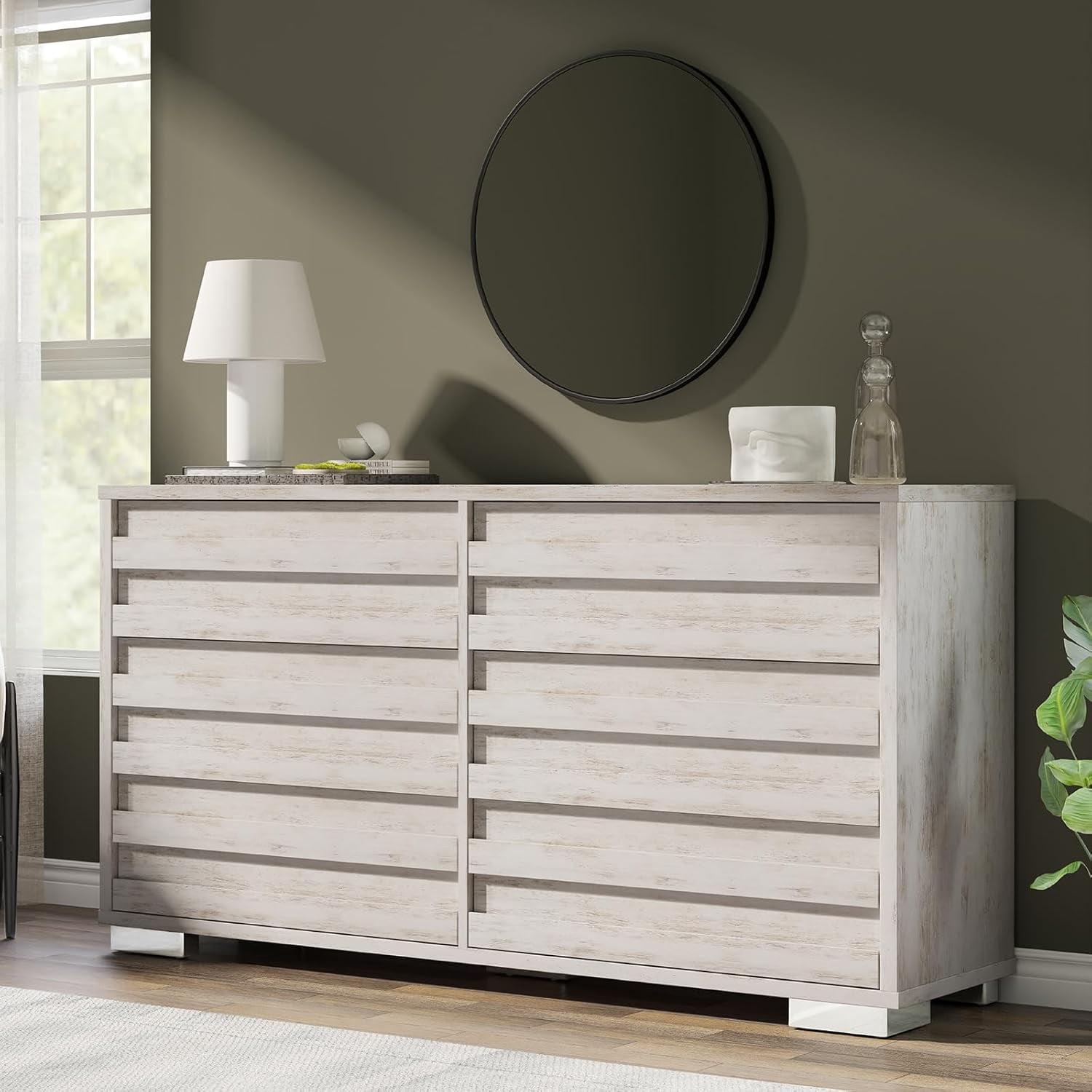 Distressed White 54" Farmhouse Wooden 6-Drawer Dresser