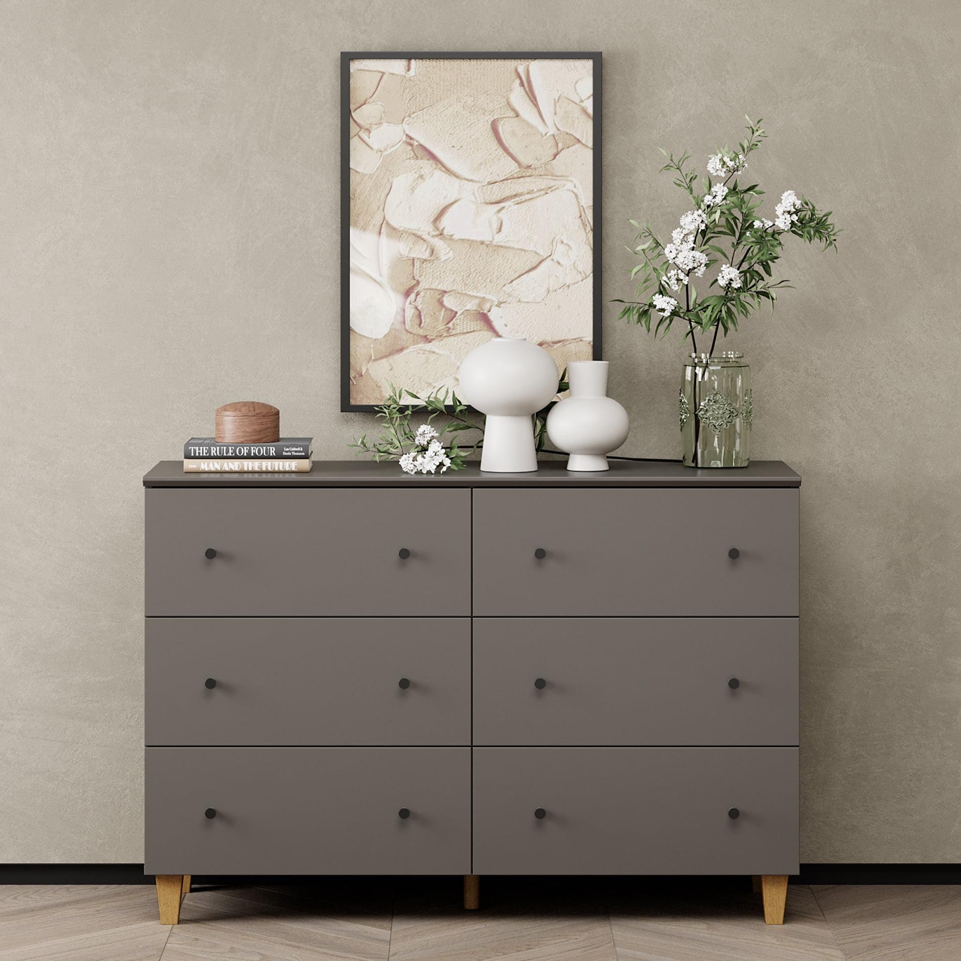 6 Drawers Dresser for Bedroom, Modern Wide Double Dressers with Chest of Drawers, Wooden Closet Organizer, Dark Grey