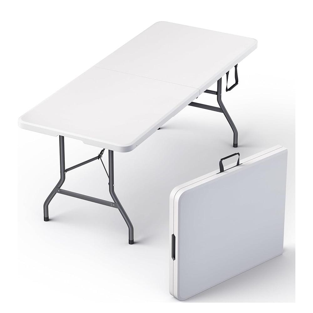 CL.HPAHKL 6 Foot Folding Table with Carrying Handle, Portable Plastic Camping Table Fold in Half, 6 ft Foldable Table with Sturdy Steel Frame for Indoor Outdoor Camping, Picnic and Party, White