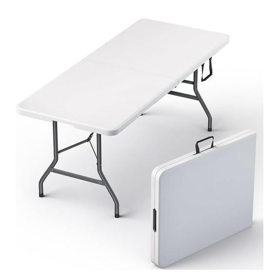 CL.HPAHKL 6 Foot Folding Table with Carrying Handle, Portable Plastic Camping Table Fold in Half, 6 ft Foldable Table with Sturdy Steel Frame for Indoor Outdoor Camping, Picnic and Party, White