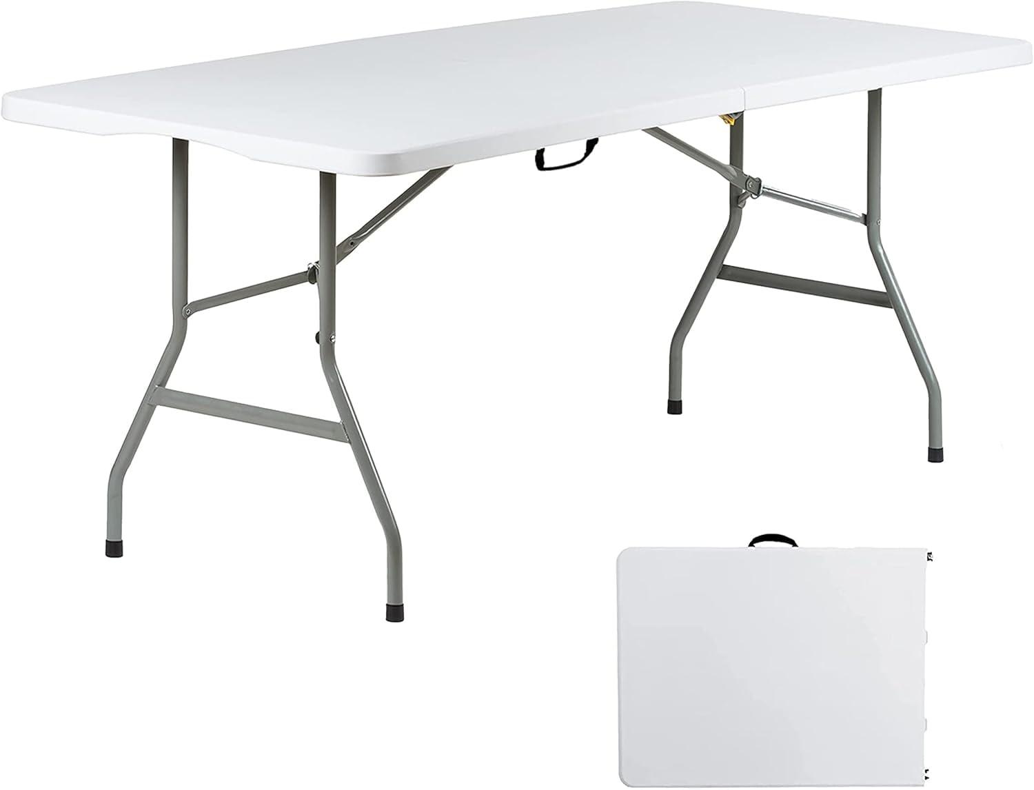 Folding Table 6 Foot Indoor Outdoor Heavy Duty Plastic Portable Fold Up Table Utility Camping Dining Party Table, Easy to Assemble, White
