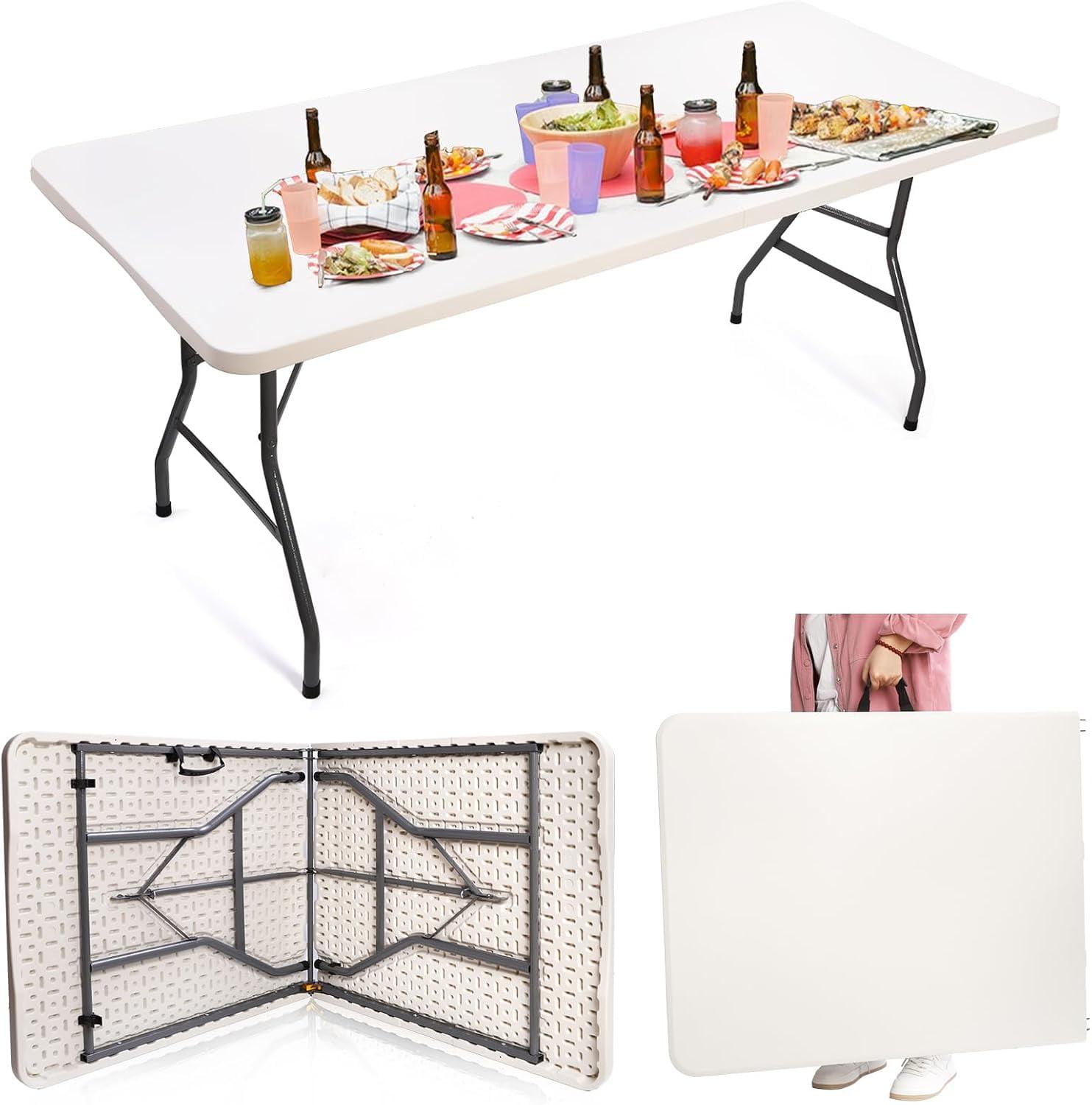 6 Foot Folding Table, Portable Plastic Dining Table, Fold-in-Half Heavy Duty Table Indoor Outdoor for Camping, Picnic, Party, BBQ, Wedding, White