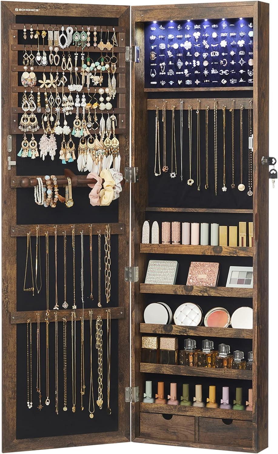 6 LEDs Mirror Jewelry Cabinet Lockable 47.2" H Wall/Door Mounted Jewelry Armoire Organizer Rustic Brown