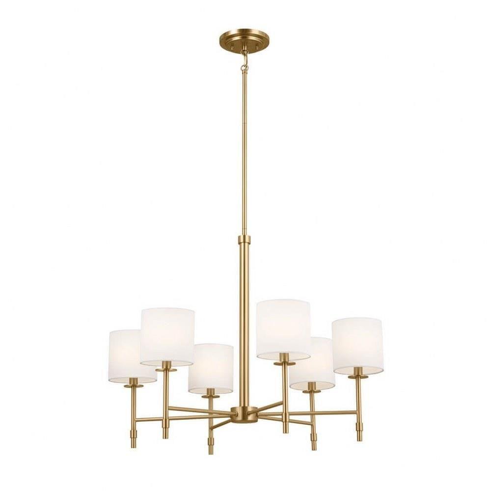 Brushed Natural Brass 6-Light Chandelier with White Drum Shades