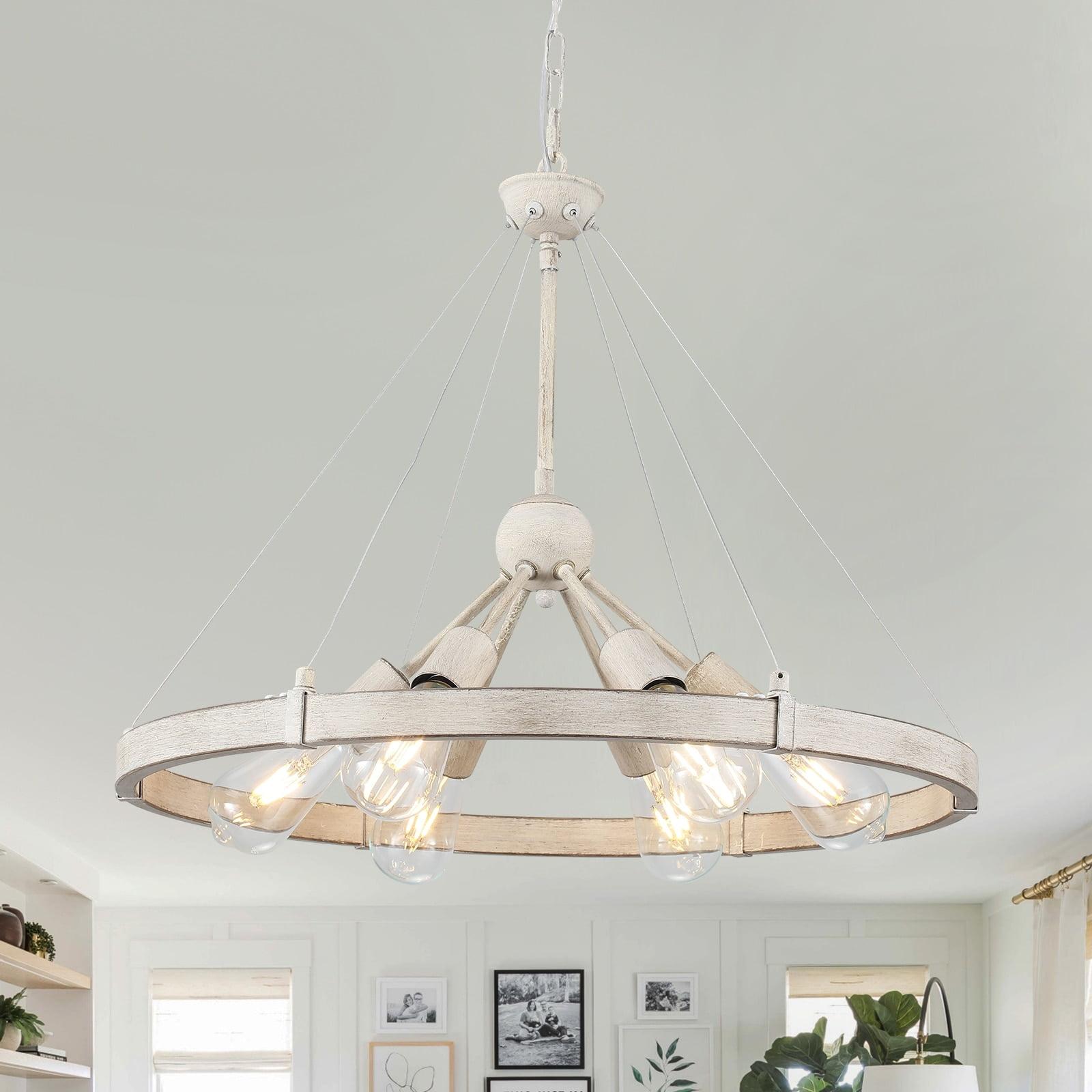 6-Light Dimmable Sputnik Chandelier, Farmhouse Wagon Wheel Chandelier  for Dining Room Living Room Bedroom Kitchen Antique Gray