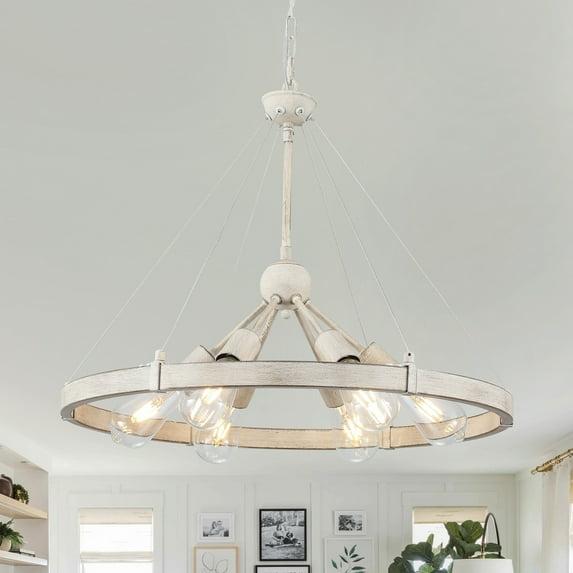 6-Light Dimmable Sputnik Chandelier, Farmhouse Wagon Wheel Chandelier  for Dining Room Living Room Bedroom Kitchen Antique Gray