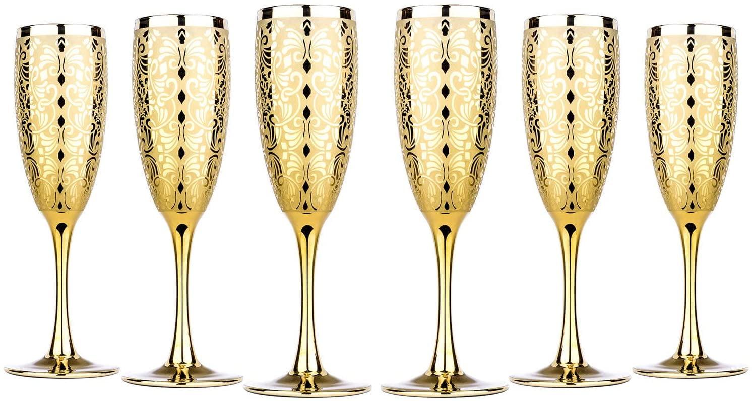 Golden Patterned 6-Ounce Crystal Champagne Flutes Set