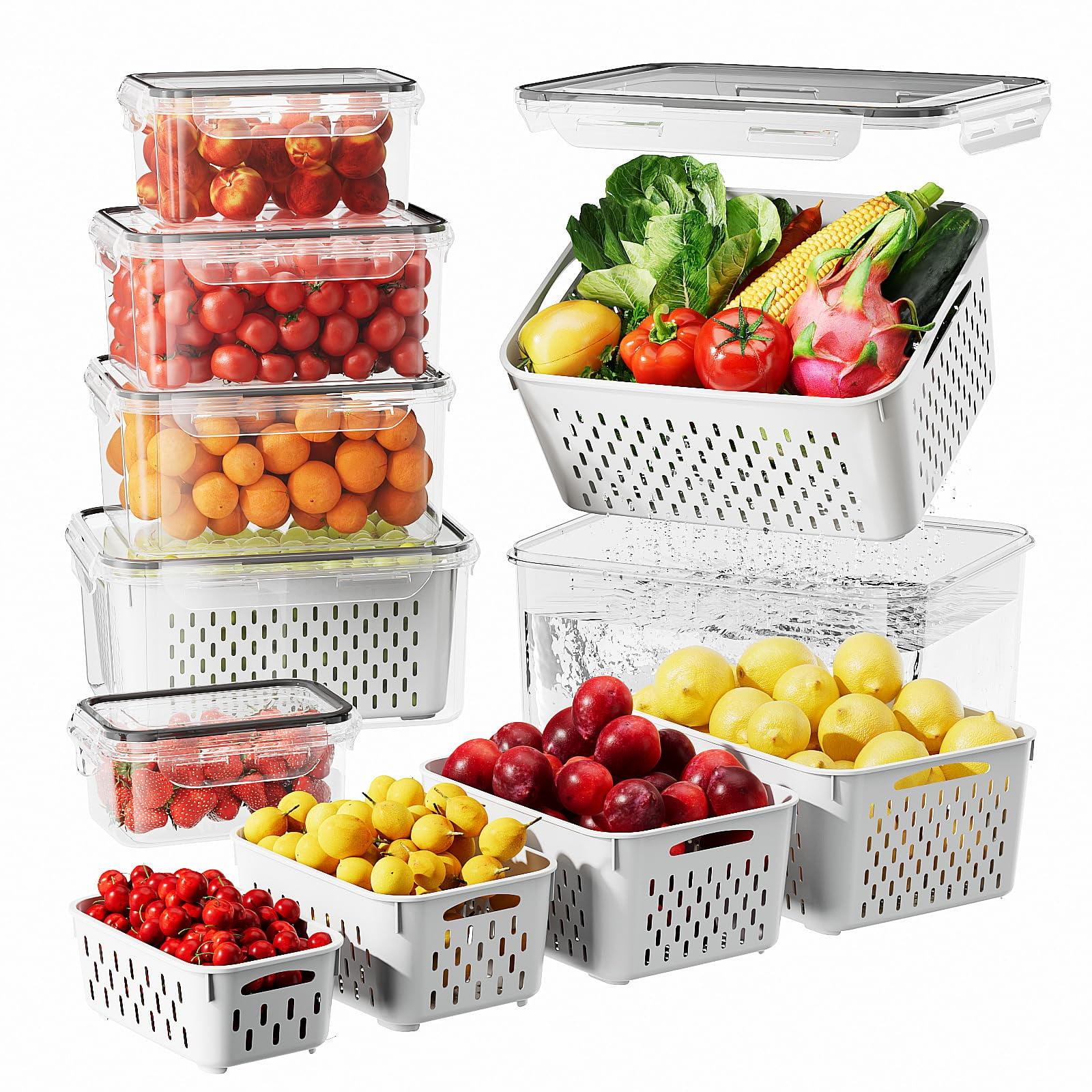 6 PCS Large Fruit Containers for Fridge - Leakproof Food Storage Containers with Removable Colander - Dishwasher & Microwave Safe Produce Containers Keep Fruits, Vegetables, Berry, Meat Fresh longer…