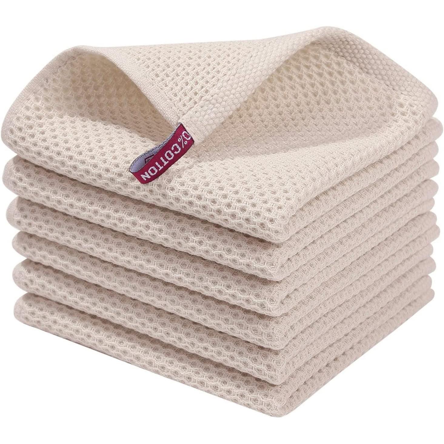 6 Pack 100% Cotton Kitchen Dish Cloths, Waffle Weave Dish Cloths for Washing Dishes, Quick Drying Kitchen Dish Towels Rags, 12x12 Inches, Beige