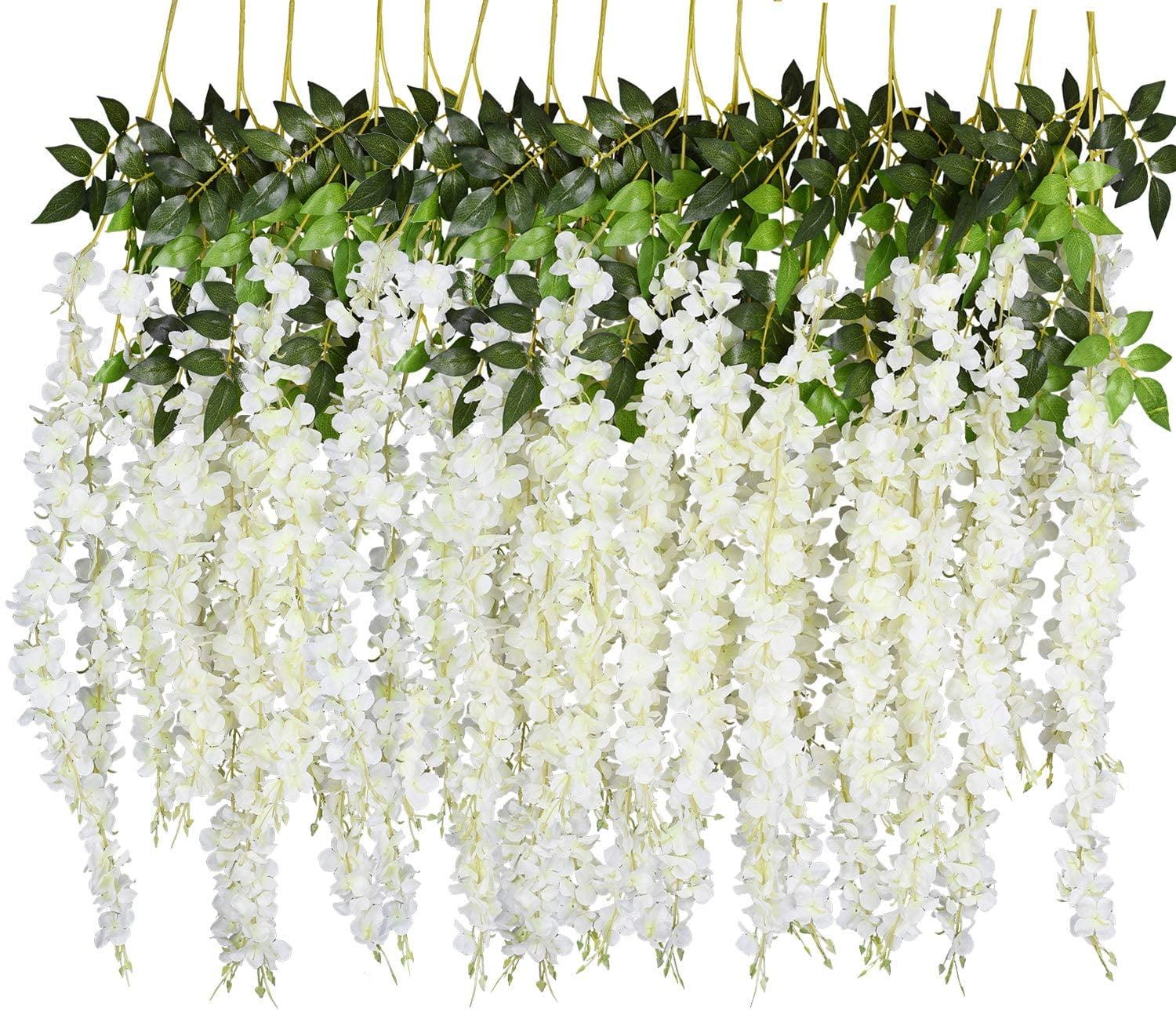 Sinhoon 6 Pack 3.75 Feet/Piece Artificial Fake Wisteria Vine Ratta Hanging Garland Silk Flowers String Home Party Wedding Decor (White)