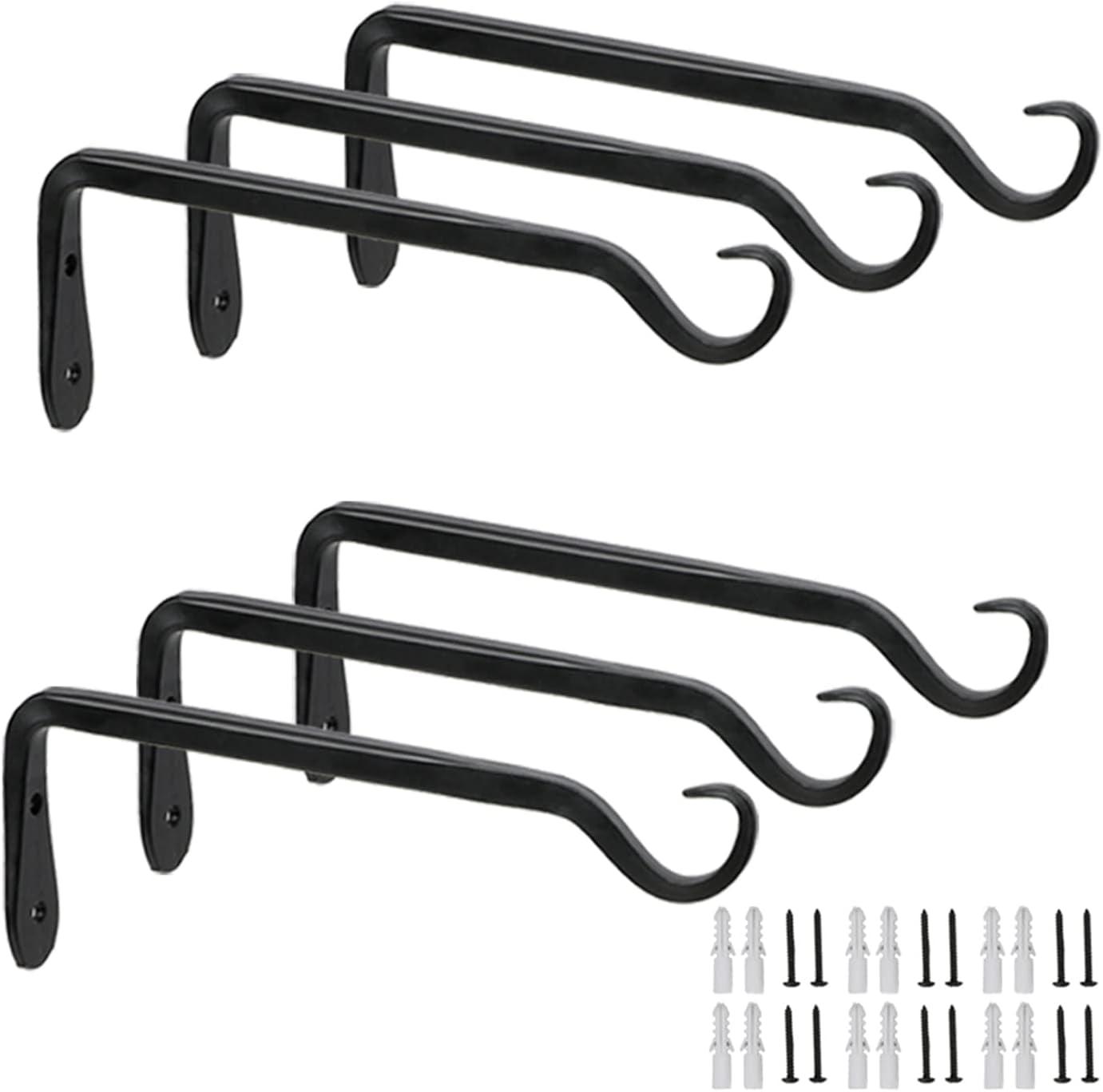 6-Pack 7" Plant Hanger Bracket - Forged Wrought Iron Powder-Coated Heavy Duty Wall Hook - Black Plant Hanging Hooks - Durable and Stable for Bird Feeders, Planters Indoor & Outdoor