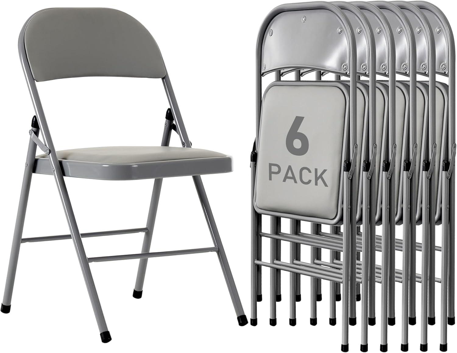 6 Pack Gray Folding Chairs with Padded Cushion and Back for Outside Portable Stackable Commercial Foldable Chairs with Steel Frame for Events Office Wedding Party, 330lbs Capacity