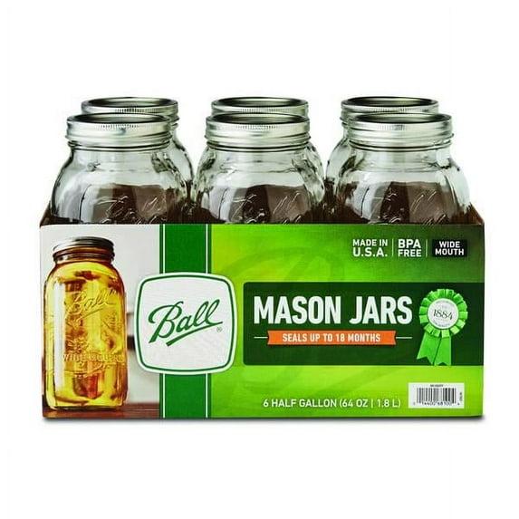 Ball 64oz 6pk Glass Wide Mouth Mason Jar with Lid and Band: Clear Canning Jars, Dishwasher-Safe, 4" Neck Diameter