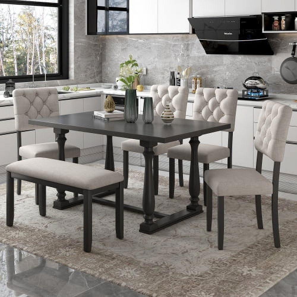 Kitchen Dining Set for 6, Retro Style Rectangular Wood Table and 4 Chairs 1 Bench with Special-Shaped Legs and Foam-Covered Seat Backs&Cushions for Family,(6 Pieces,Grey)