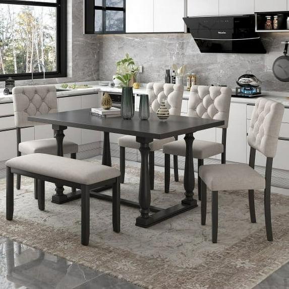 Kitchen Dining Set for 6, Retro Style Rectangular Wood Table and 4 Chairs 1 Bench with Special-Shaped Legs and Foam-Covered Seat Backs&Cushions for Family,(6 Pieces,Grey)