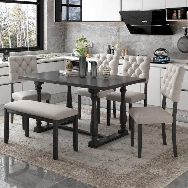 Kitchen Dining Set for 6, Retro Style Rectangular Wood Table and 4 Chairs 1 Bench with Special-Shaped Legs and Foam-Covered Seat Backs&Cushions for Family,(6 Pieces,Grey)