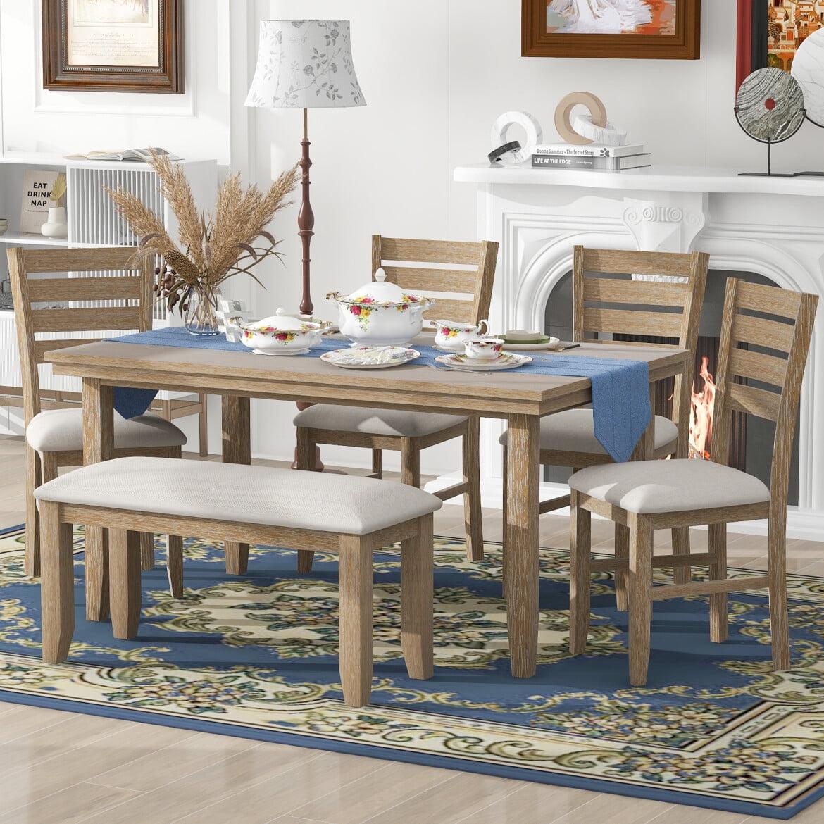 Natural Wood Wash Dining Set with Bench and 4 Chairs