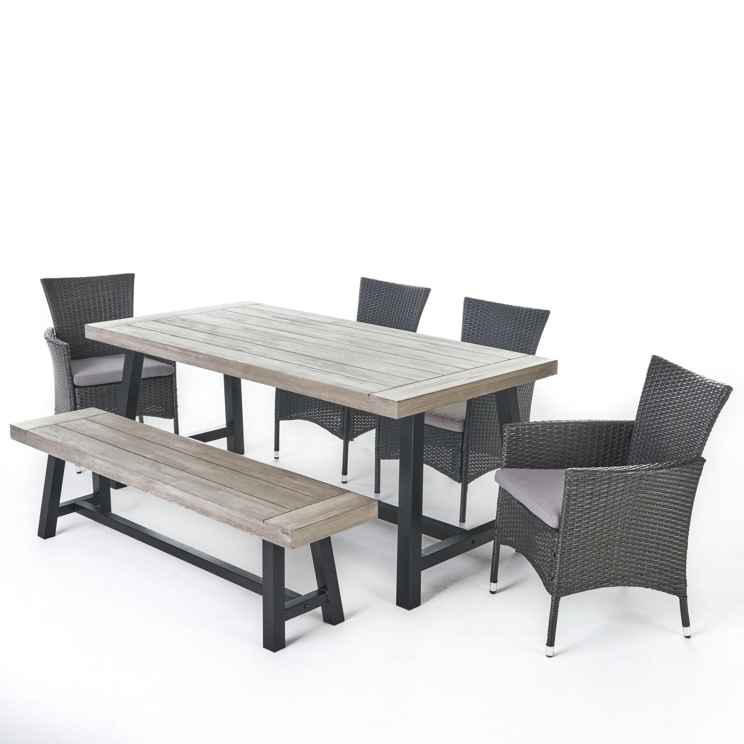 Rustic Black and Grey 6-Person Outdoor Dining Set with Silver Cushions