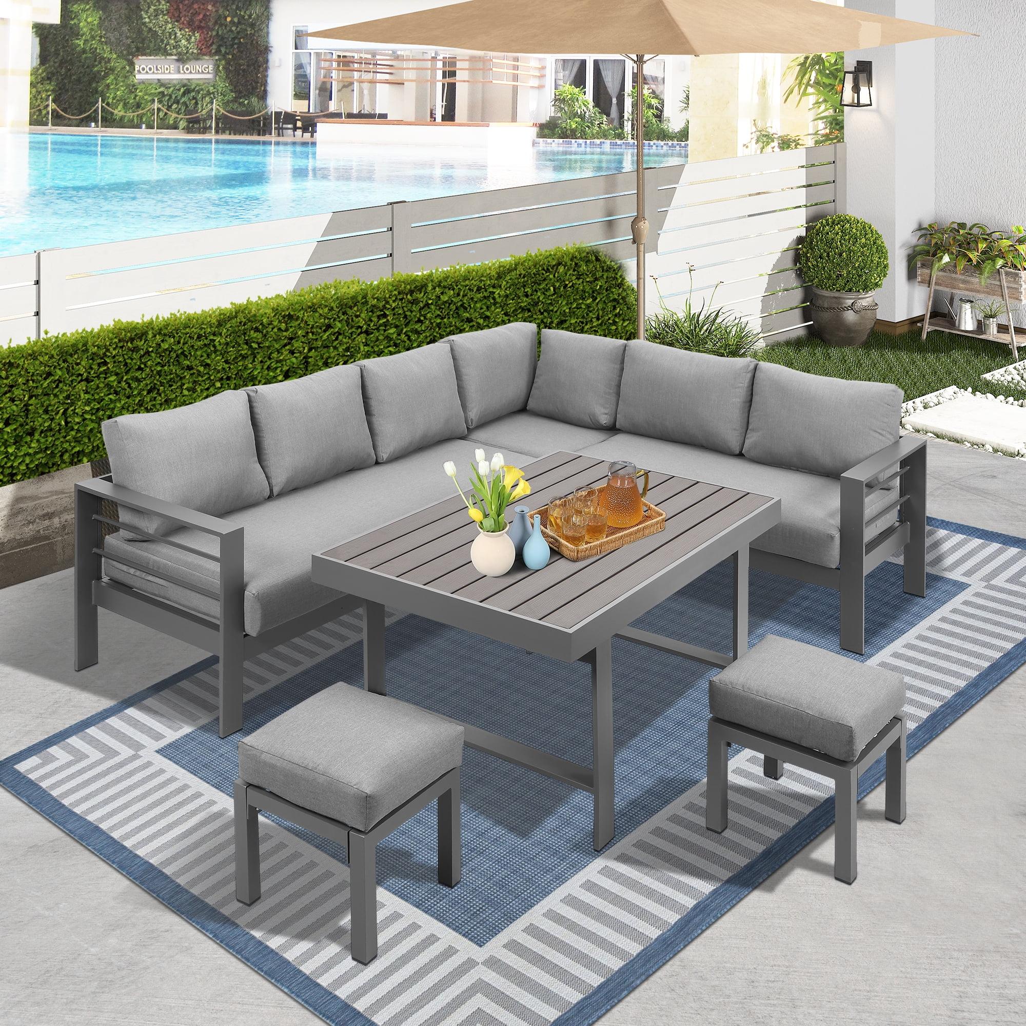 6-Pieces Outdoor Dining Set, Grey Aluminum Frame With Dark Grey Cushions