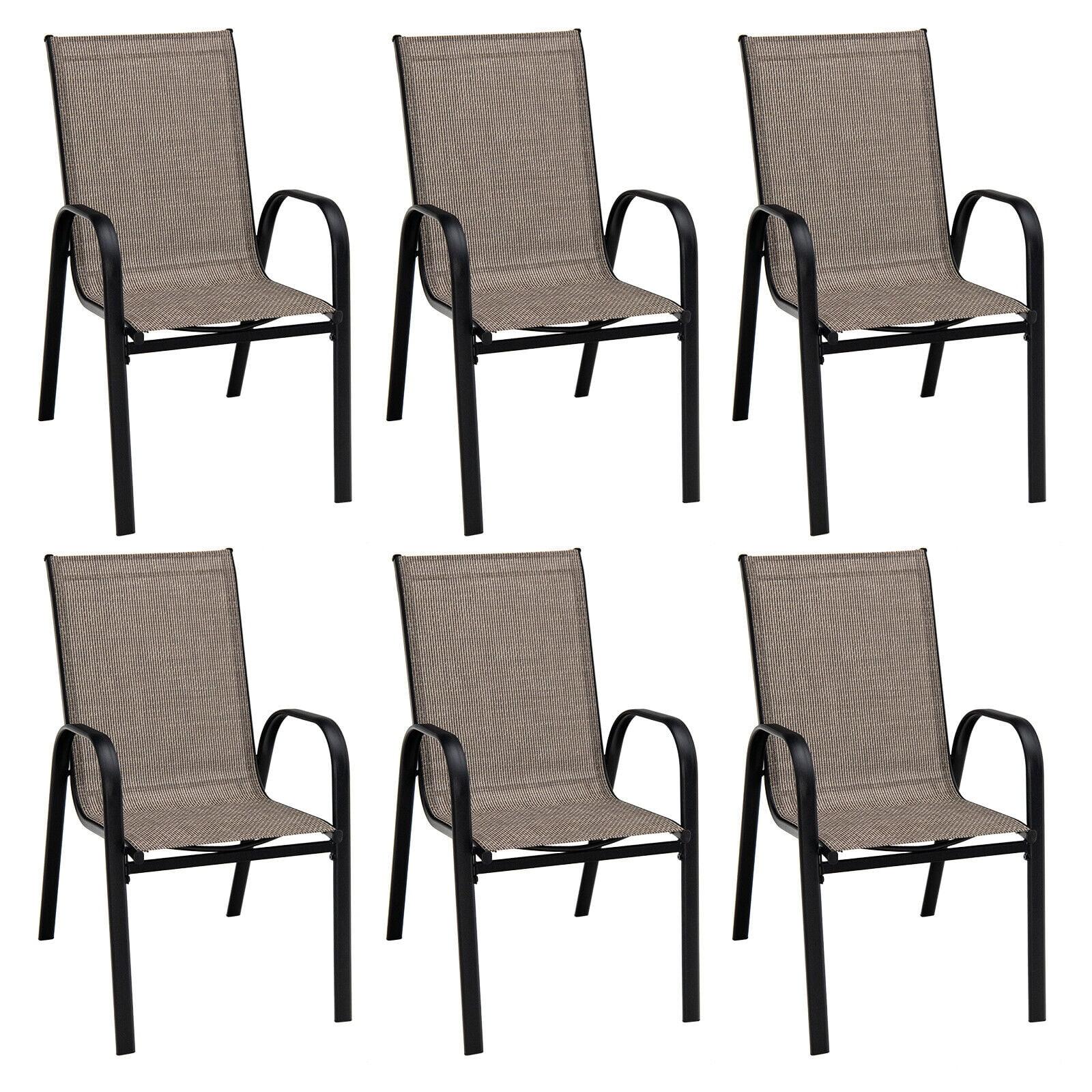 Set of 6 Black Frame Brown Fabric Stackable Patio Dining Chairs