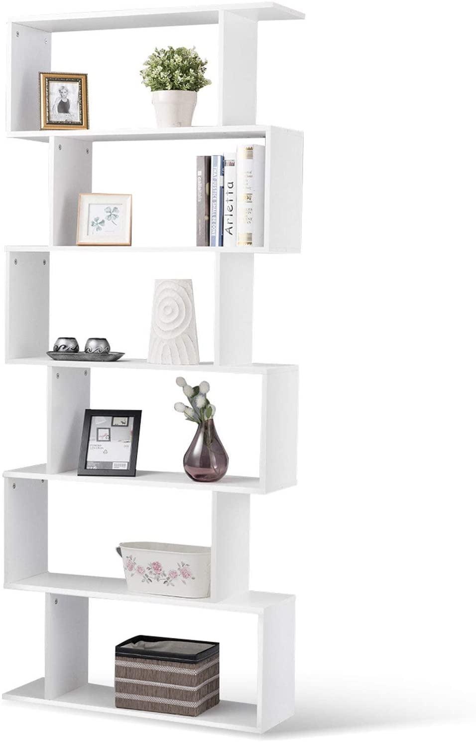 White Geometric S-Shaped 6-Tier Wooden Bookcase