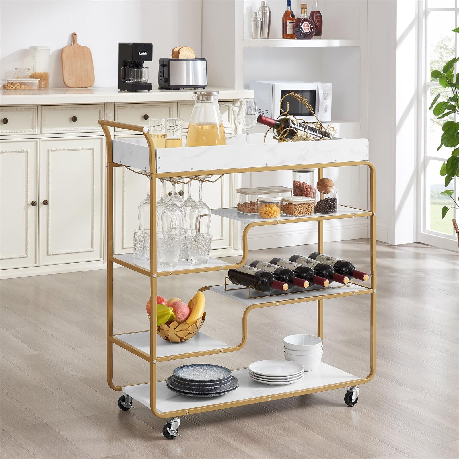 Gold and White 6-Tier Bar Cart with Wine Rack and Glass Holder