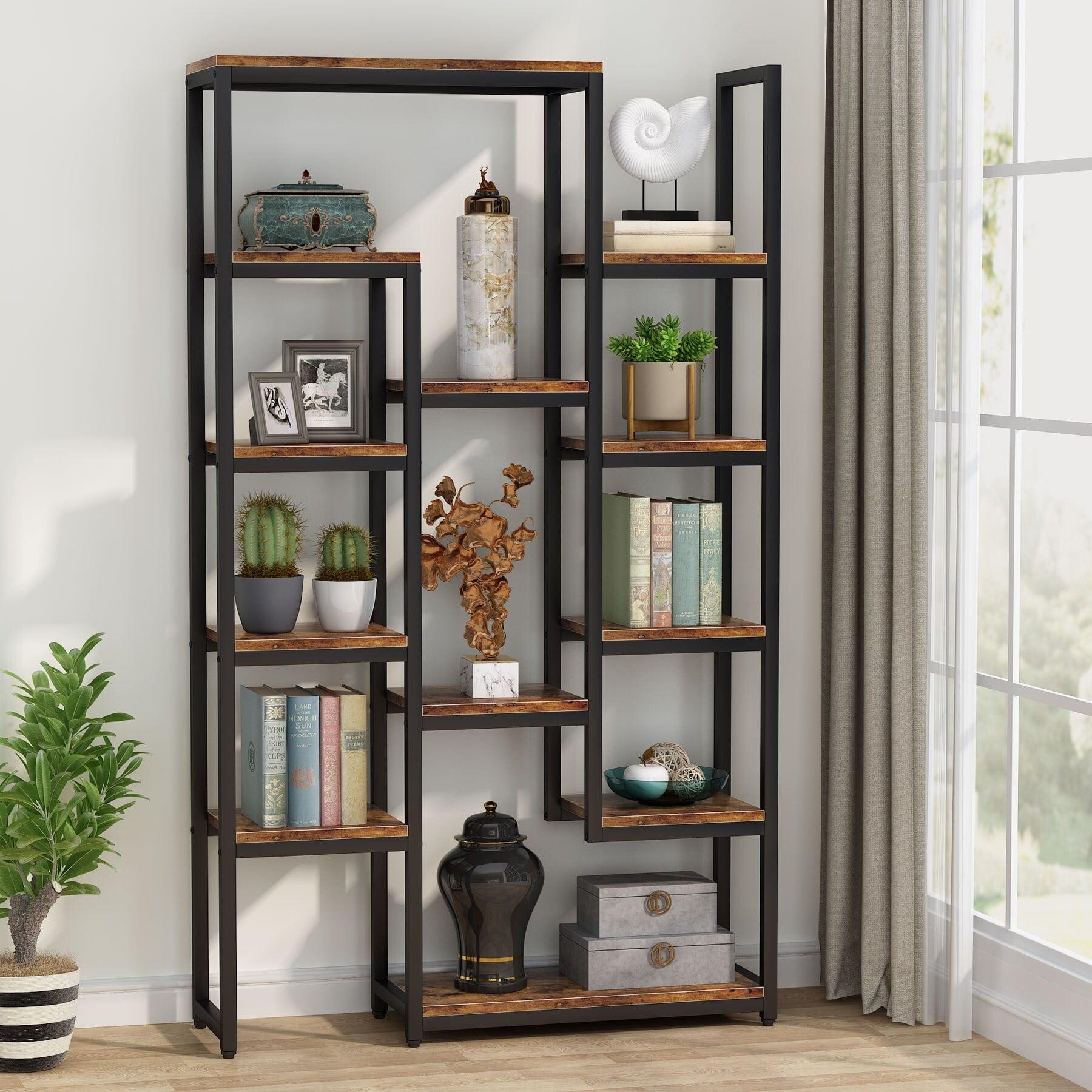 Rustic Brown 6-Tier Industrial Metal and Wood Bookshelf