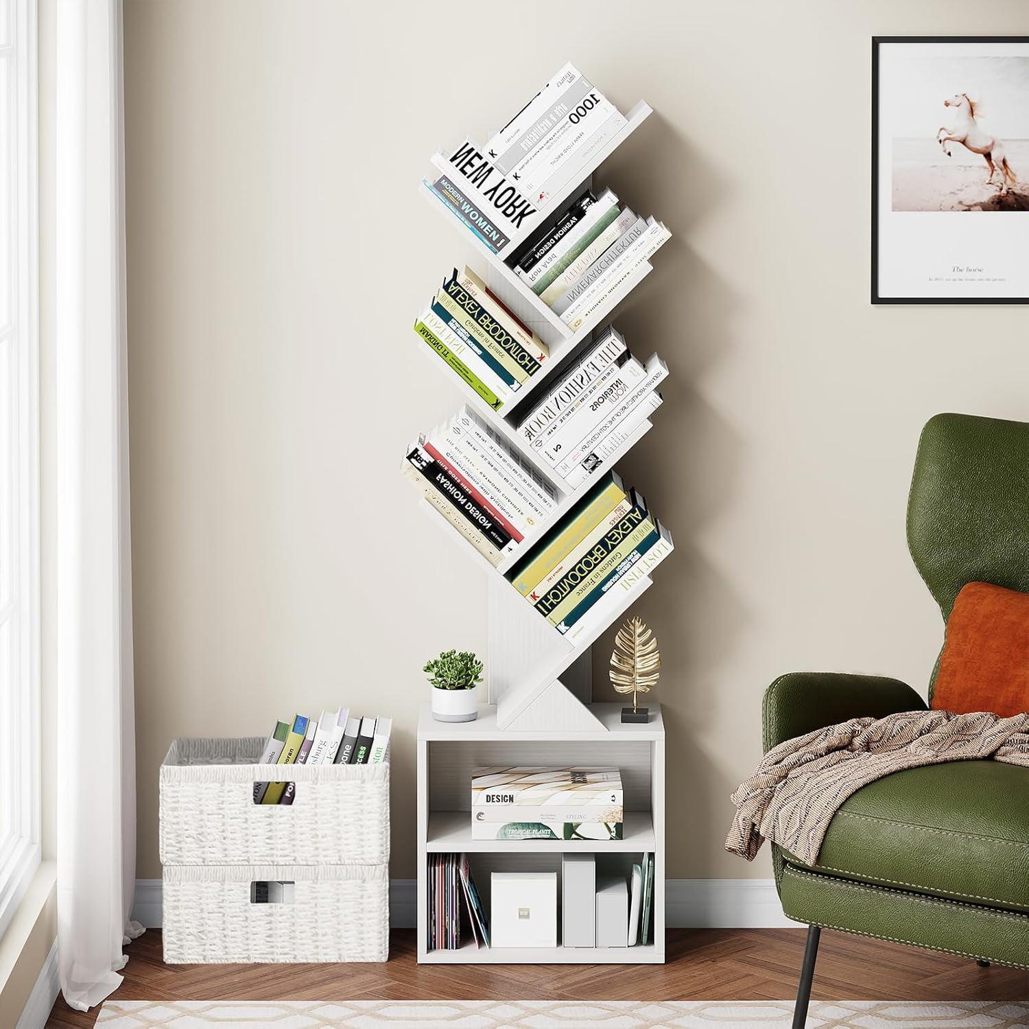 White 6-Tier Tree Bookshelf with Storage Drawer