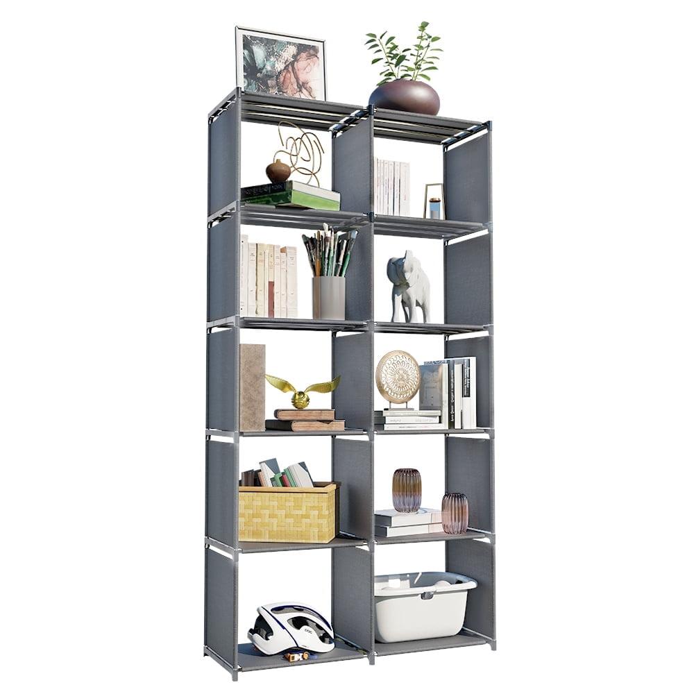 Bookshelf 6 Tier with 4 Hooks, Industrial Bookcase, Vintage Storage Rack with Open Shelves