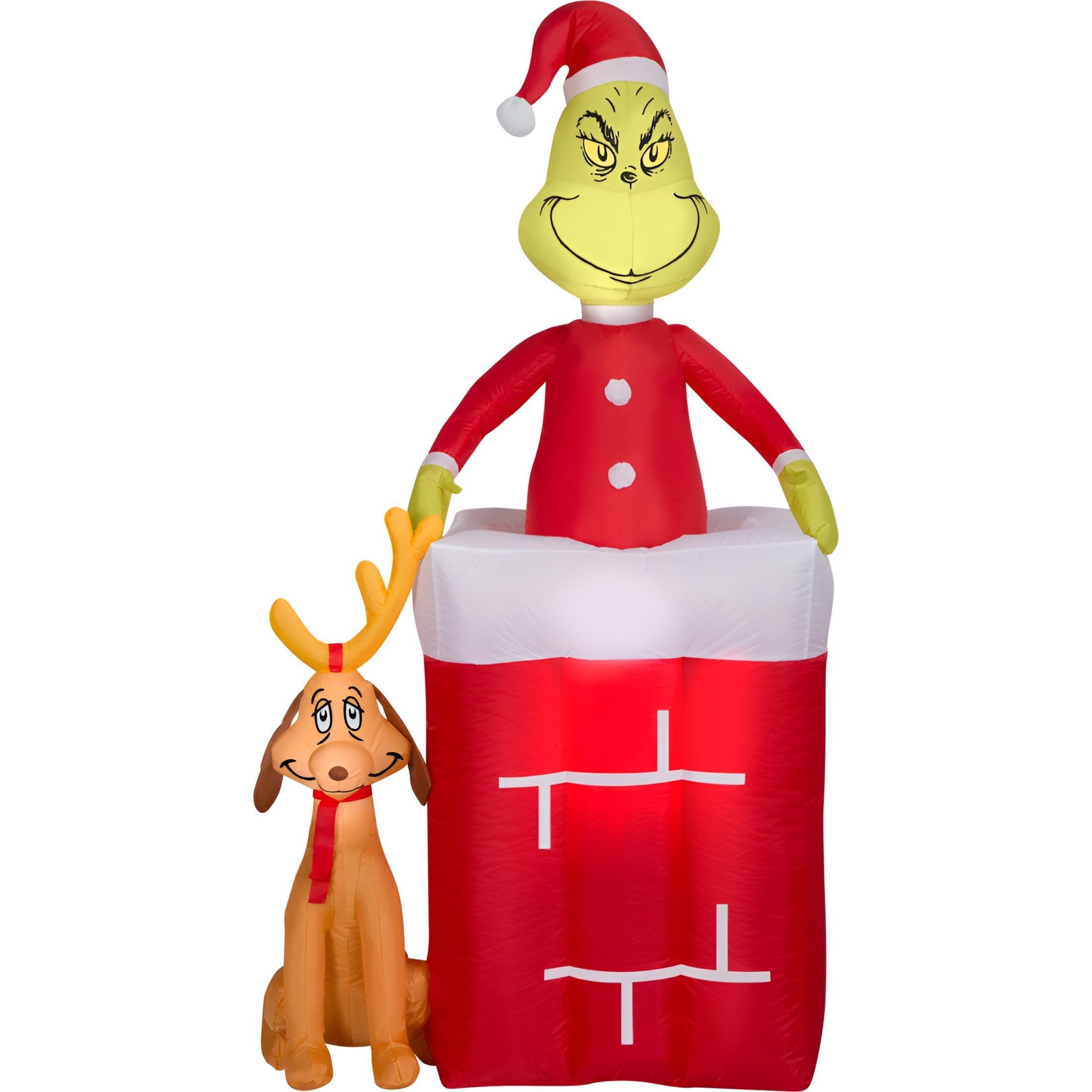 Animated Grinch and Max Chimney Surprise Christmas Inflatable