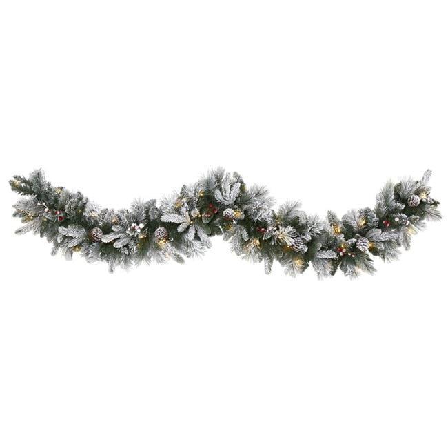 Nearly Natural 6’ Flocked Mixed Pine Artificial Christmas Garland with 50 LED Lights, Pine Cones and Berries