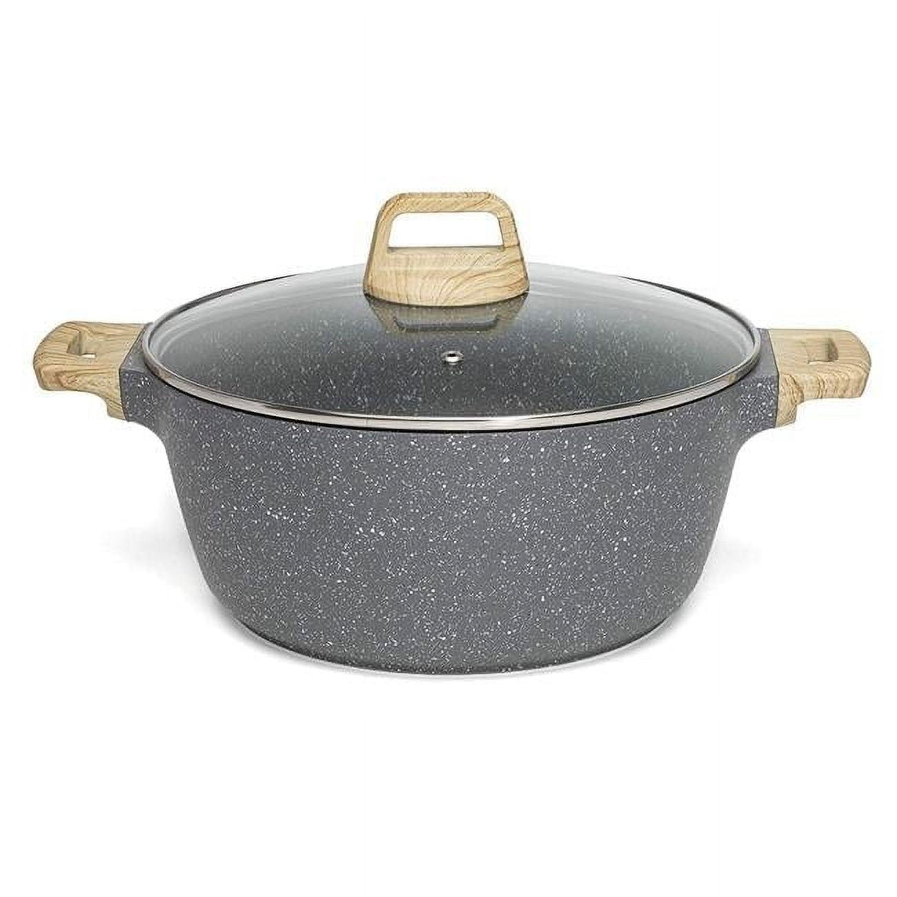 Ecolution Farmhouse Cast Aluminum Speckle Coated Stockpot Casserole Dish with Ergonomic Wood Look Handles, Dishwasher Safe, Glass Lid, Durable Non-Stick, 6 Quart