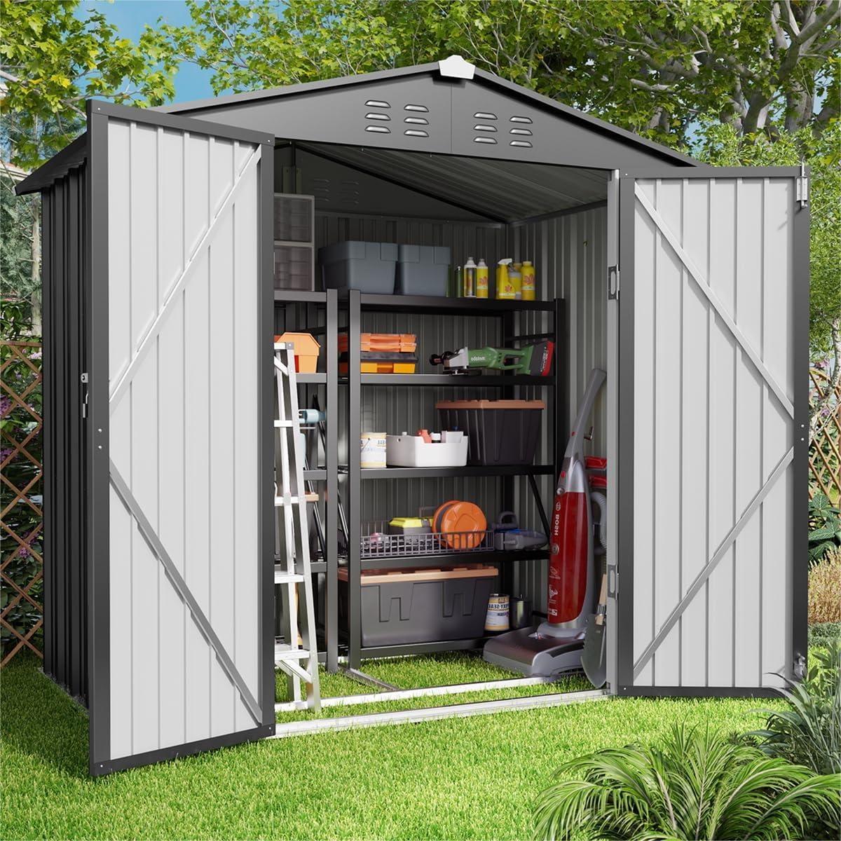 Dark Gray 6 x 4 FT Metal Outdoor Storage Shed with Hinged Doors