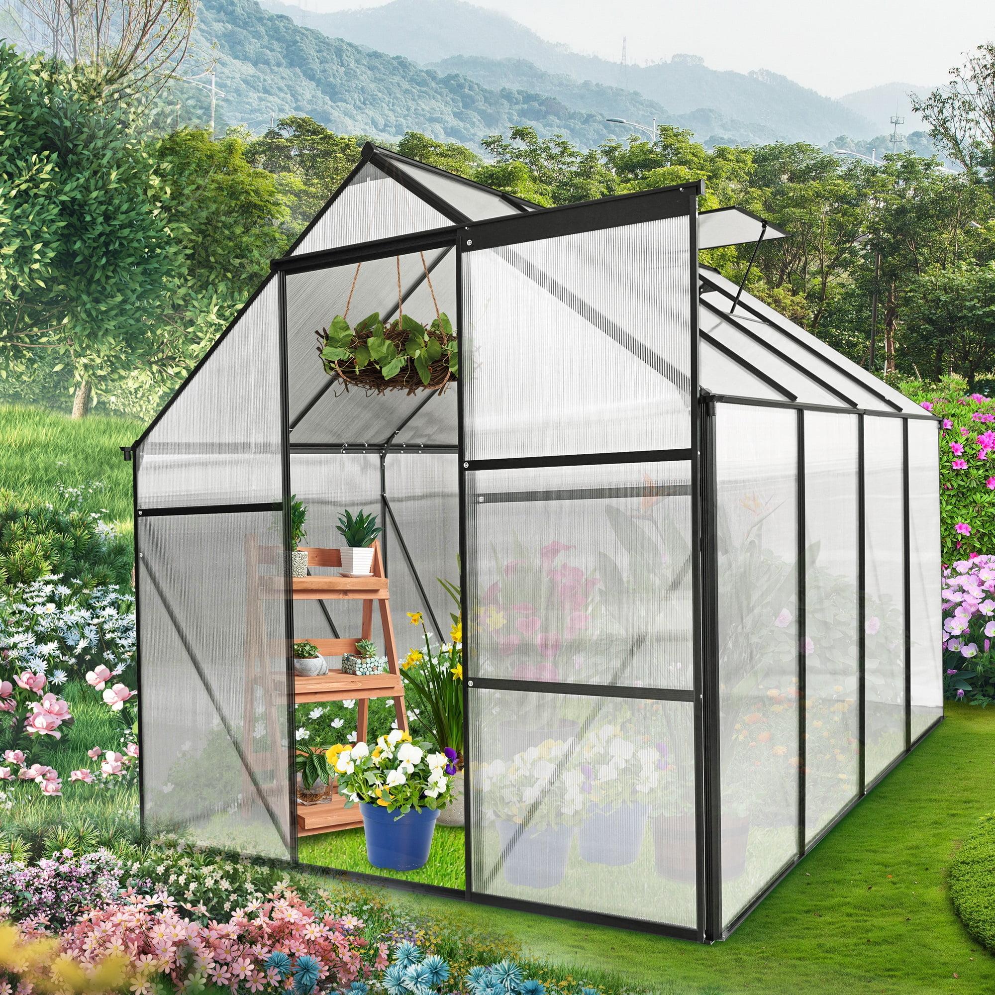 6x8 FT Plant Greenhouse with Sliding Door,Walk-in Polycarbonate Greenhouse with Raised Base and Anchor Aluminum Heavy Duty Greenhouses Kits for Outdoor Backyard in All Season,Black