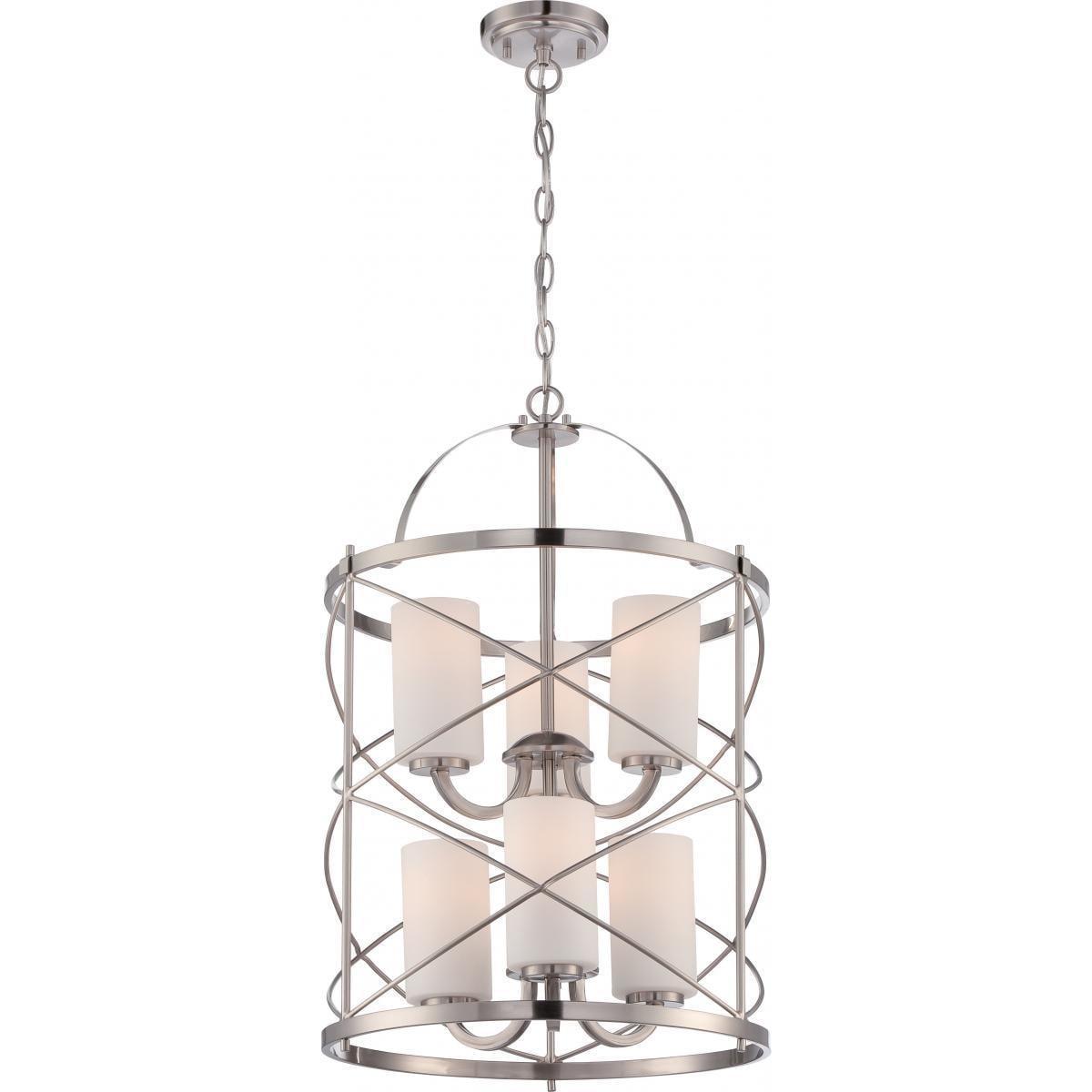 Brushed Nickel 6-Light Cage Chandelier with Opal Shades