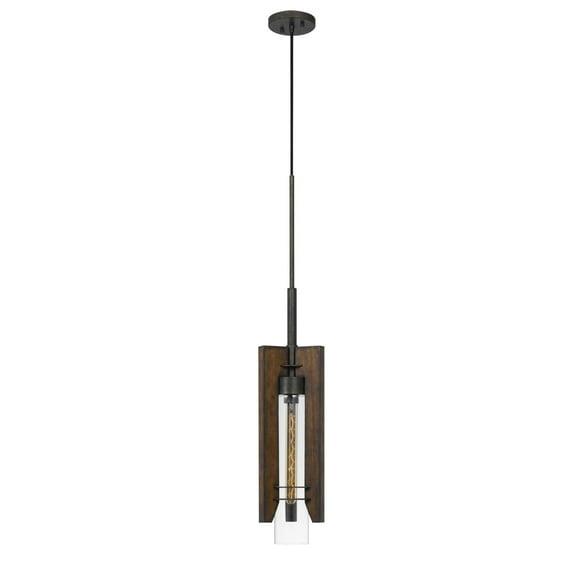 60 Watt Metal Frame Pendant Fixture with Wood and Glass Shade, Brown- Saltoro Sherpi