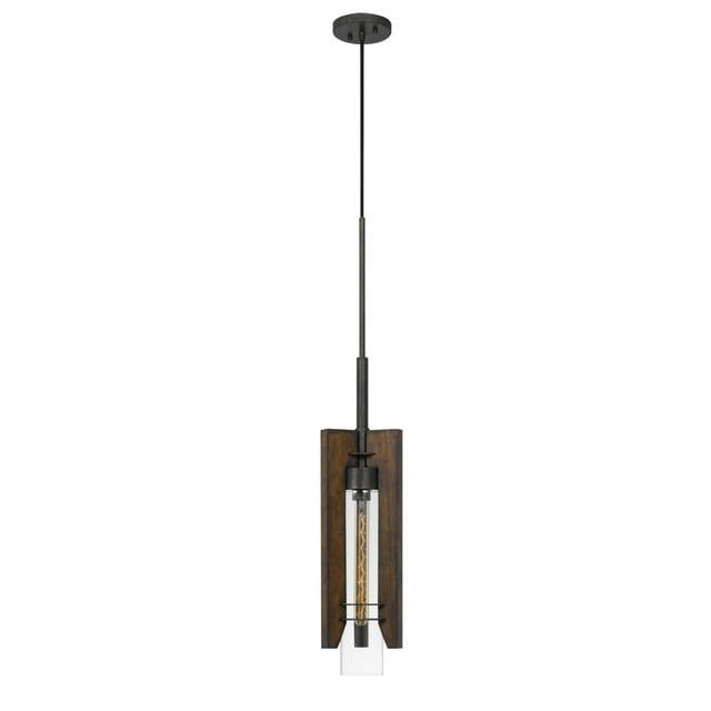 60 Watt Metal Frame Pendant Fixture with Wood and Glass Shade, Brown- Saltoro Sherpi