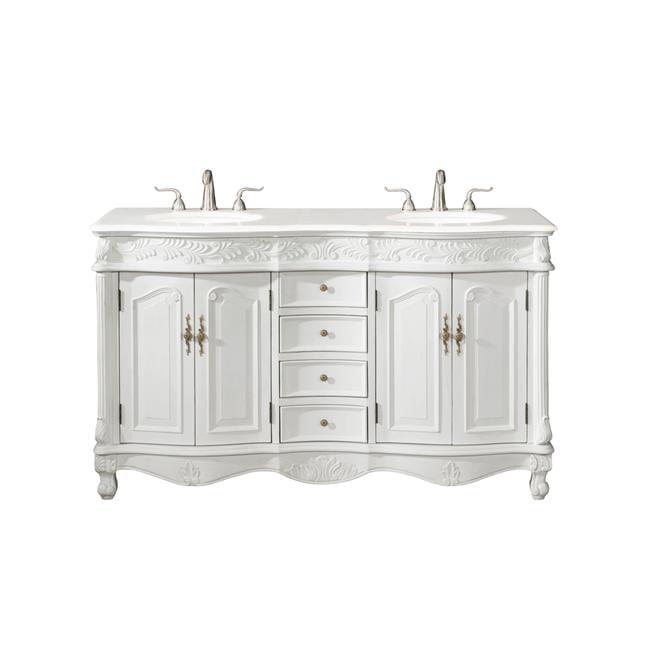 60" Double Bathroom Vanity with Ivory White Marble and Antique White Finish