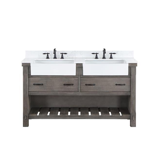60 in. Villareal Double Bathroom Vanity, Classical Grey with Composite Stone Top in White, White Farmhouse Basin