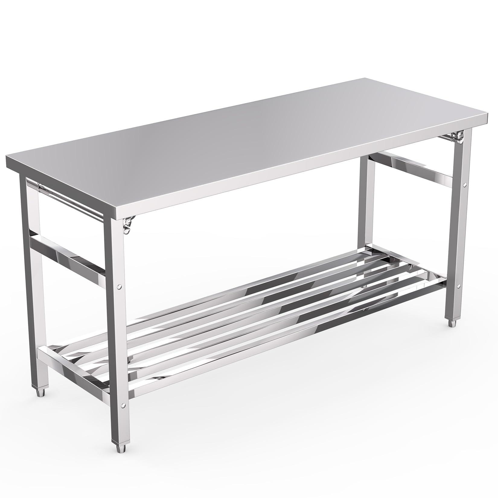 60 x 24 Inch Stainless Steel Folding Heavy Duty Table with Adjustable Undershelf for Restaurant Home and Hotel