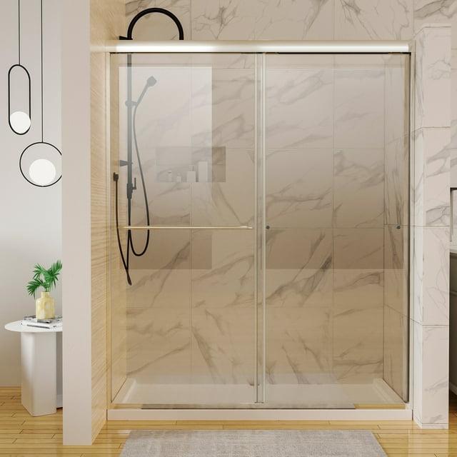 60''x72'' Double Sliding Semi-Frameless Shower Door with 6mm Tempered Glass Brushed Nickel