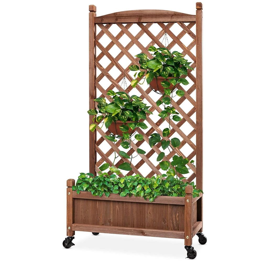 Walnut Fir Wood Mobile Planter Box with Trellis